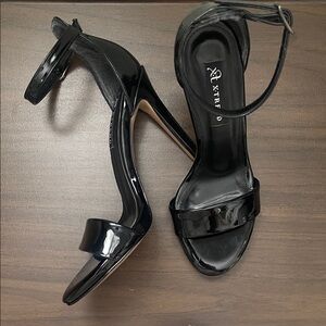 Black Patent Ankle-Strap Stiletto Heels